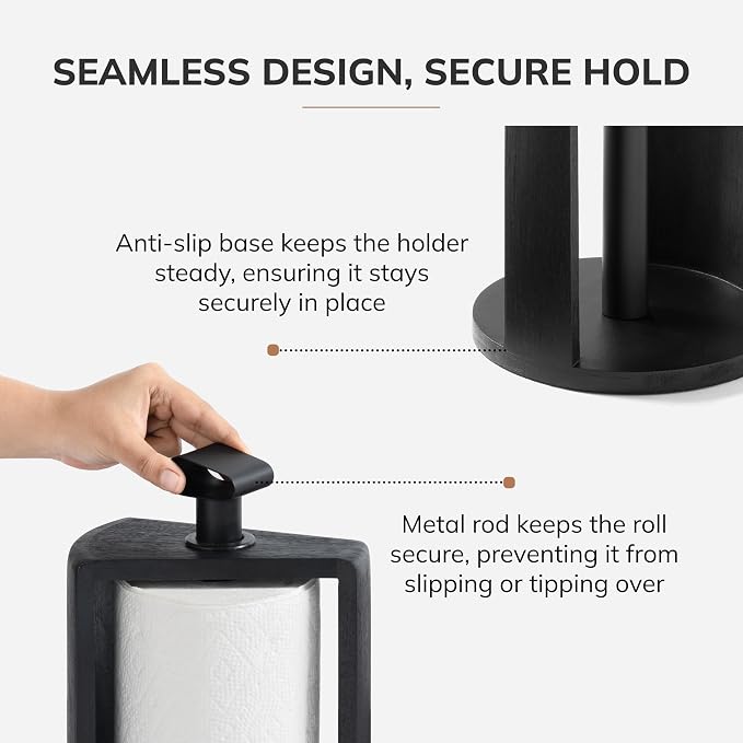 Anji Mountain Wooden Paper Towel Holder with Iron Holder, Holder Stand for Kitchen Roll Organizer & Kitchen Dining Table Home Décor, Countertop Fits Jumbo & Mega Rolls - Black/Black, Top Load