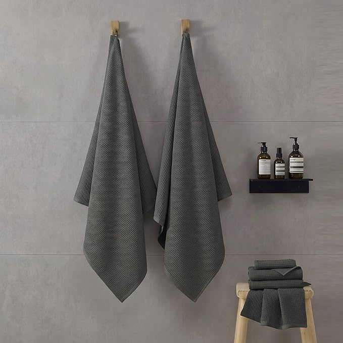 Ecolook 6-Piece Waffle Weave Towel Set, 100% Cotton, Lightweight, Absorbent & Quick-Drying, 2 Bath Towels (31×63 in), 2 Hand Towels, 2 Washcloths, Lint-Free for Bathroom, Pool, Gym, Travel - Dark Gaey