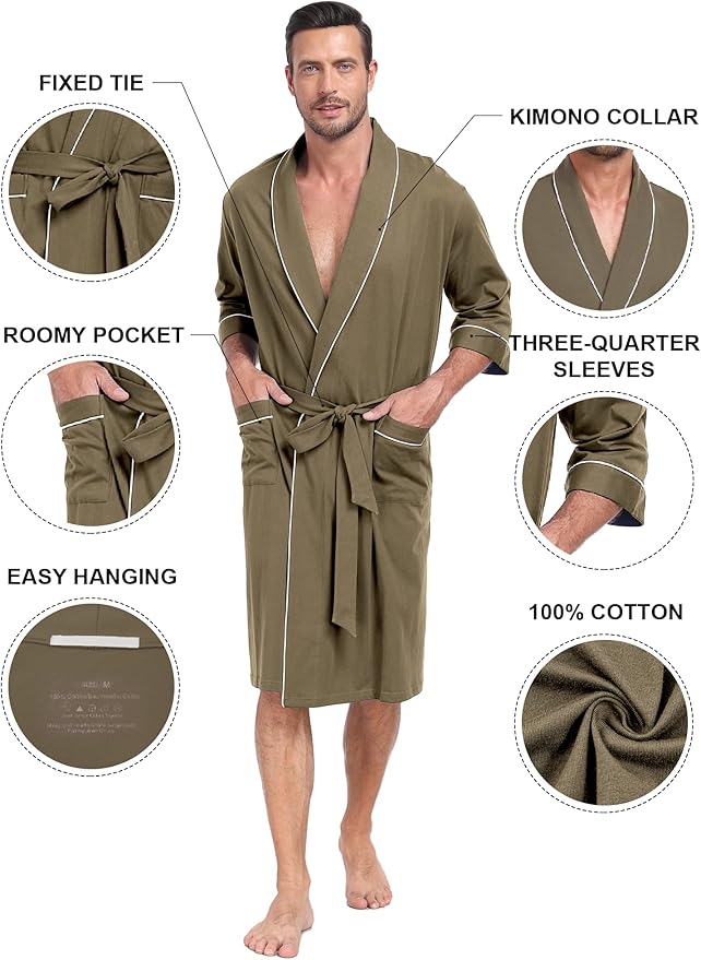 COLORFULLEAF 100% Cotton Men’s Summer Bathrobe Lightweight & Breathable Short Sleeve Kimono Robe with Pockets