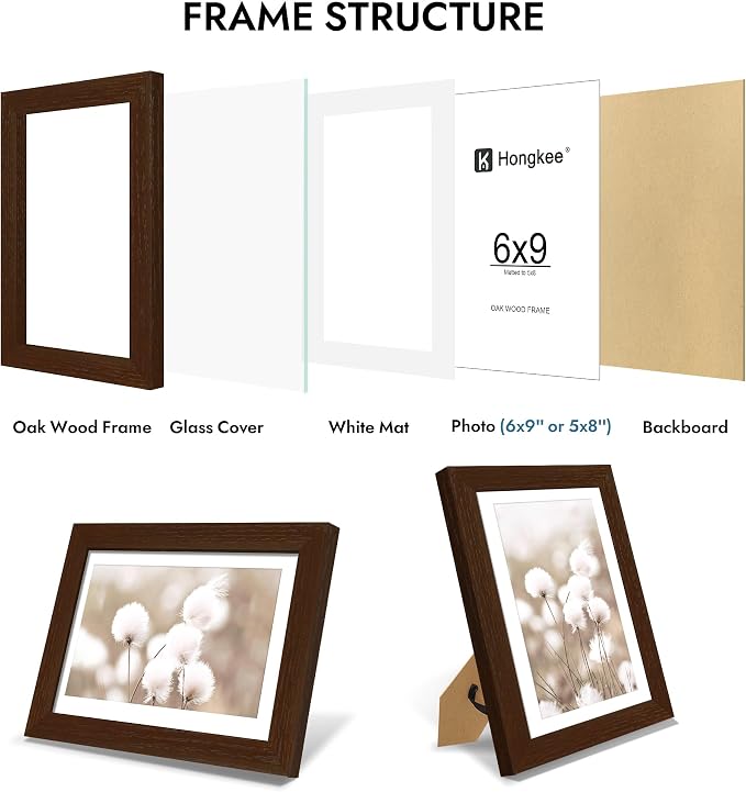 Hongkee 6x9 Oak Wood Picture Frame, Display Photos 5 x 8 with Mat or 6 x 9 without Mat - Tempered Glass Cover, Horizontal and Vertical Display for Wall or Tabletop (Walnut, Set of 1)