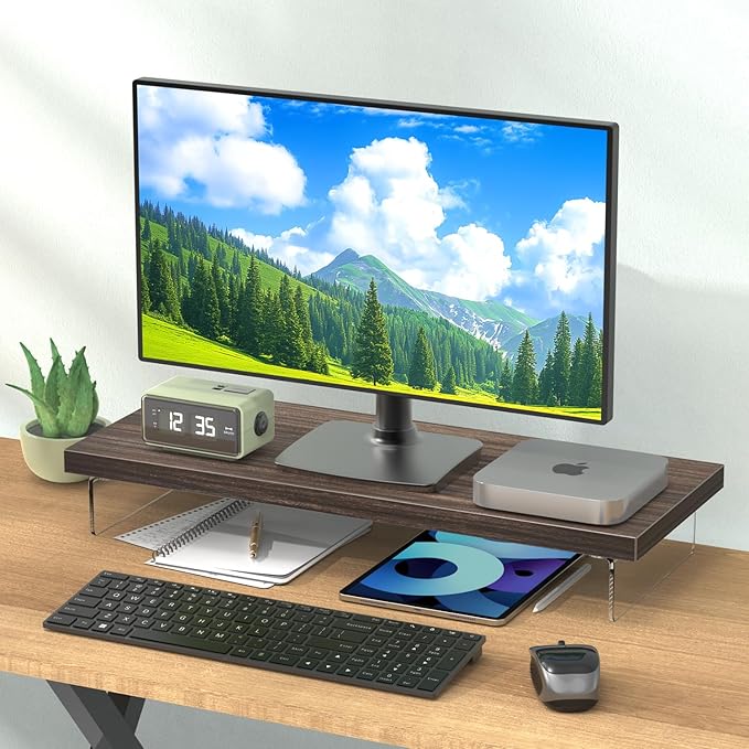 Dual Monitor Stand Riser, 40" Large Computer Monitor Stands for 2 Monitors, Wooden Desktop Organizer Shelf for Office Desk Computer, Laptop, TV, Monitor, Printer