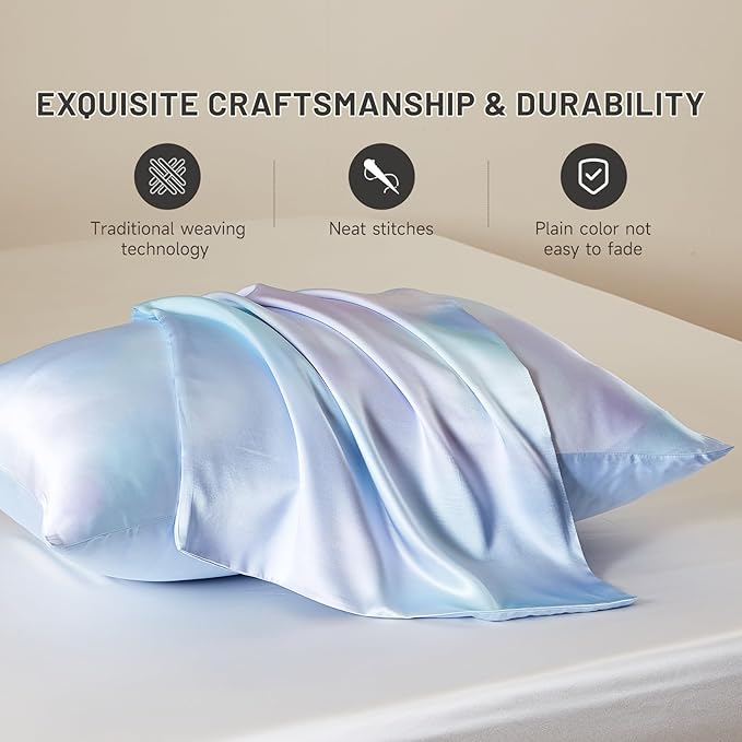 THXSILK Set of 2 Natural Mulberry Silk Pillowcase for Hair & Skin with Zipper Closure, Cooling, Natural, Organic, Double Sided Silk Pillow Case (Gradient Light Blue, Queen 20"x30")
