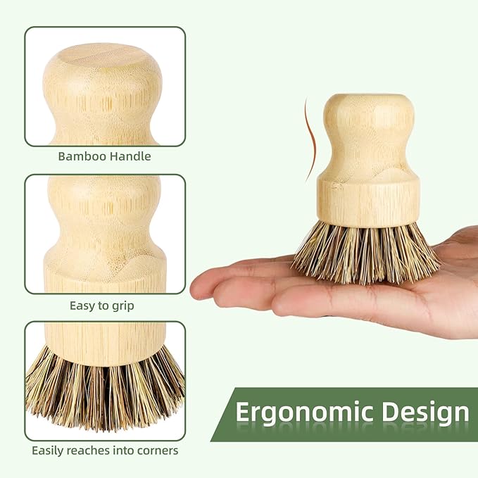 DEBETOOL Bamboo Dish Brush Set with Holder - Natural Dish Scrub Brush for Cleaning Dishes, Fast Dry Design Kitchen Dish Brush for Sinks & Pots