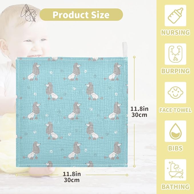 Baby Cute Poodles Dog Muslin Washcloths 3 Pack - Muslin Burp Cloths Hanky Large 11.8"X11.8" Extra Soft Absorbent Baby Burp Rags for Newborn 100% Cotton for Boys Girls Gift