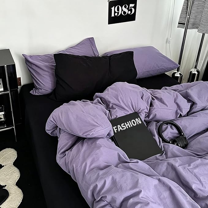 mixinni Solid Purple Duvet Cover Set Queen Size - 100% Washed Cotton 3-Piece Minimalist Bedding Set, Ultra Soft Breathable Solid Color Purple Comforter Cover with Zipper & Corner Ties, Full Size