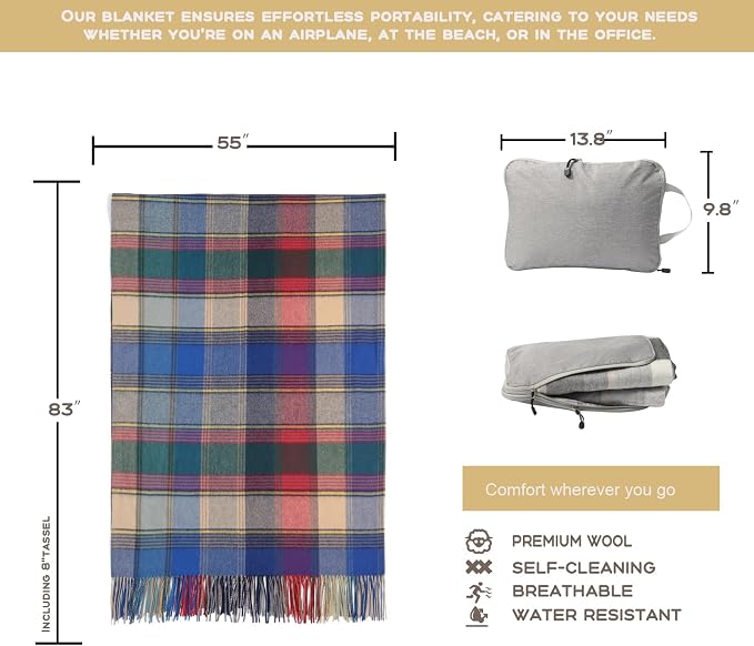 Woolly Throw Pure Wool Blanket - Large 55x83 inches, 1.5 lbs,Wool Fringed Knee Throw Blanket for Couch Bed Outdoor Travel,Soft Lightweight Breathable Blanket for All Season,Blue-red Lattice
