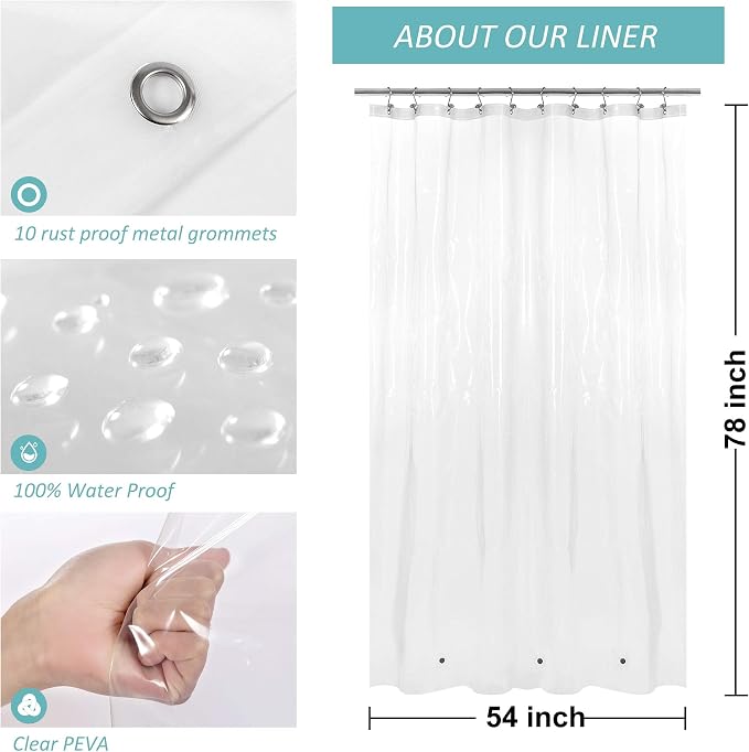 Mrs Awesome Stall Shower Curtain Liner with 3 Magnets 54 x 78 inch, PEVA 8G Thick & Heavy Duty Plastic Shower Curtain for Bathroom, Waterproof, 54x78, Clear