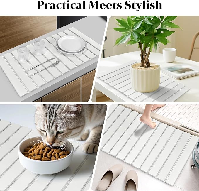 Large Stone Dish Drying Mat for Kitchen Counter, Foldable Quick Drying Dish Mats, Ultra Absorbent Diatomaceous Earth Mats for Dishes Bottles Cups, Match Any Countertop (White 24"×16" & 8"x4")