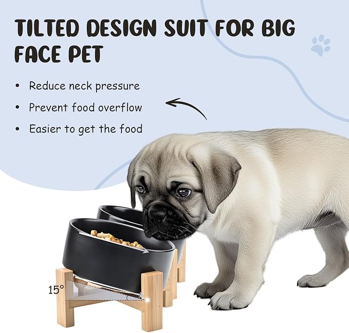 SPUNKYJUNKY 15° Slanted Ceramic Dog and Cat Bowl with Wooden Stand, Tilted Bulldog Food and Water Bowl No Slip Non-Spill for Cats Medium Dogs Big Face Pets 13.5 OZ (1.7 Cups, Black × 2)