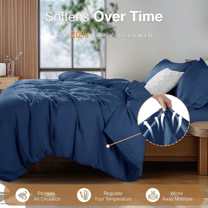SONORO KATE 100% French Linen Duvet Cover Queen Size, Soft Breathable for Hot Sleepers, Moisture Wicking & Durable Cover Set - Zipper Closure & 4 Corner Ties Duvet Covers 3 Piece (Navy Blue,Queen)