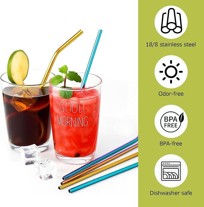 12 Pack 8.5" * 0.24" Stainless Steel Straws with 2 Cleaning Brushes, 6 Straight + 6 Bent Mental Straws, Compatible with 20oz Tumblers (Silver/Black/Gold/Rose Gold/Purple/Rainbow)