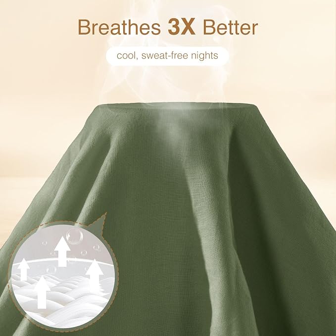 SONORO KATE 100% French Linen Duvet Cover Queen Size, Soft Breathable for Hot Sleepers, Moisture Wicking & Durable Cover Set - Zipper Closure & 4 Corner Ties Duvet Covers 3 Piece (Olive Green,Queen)