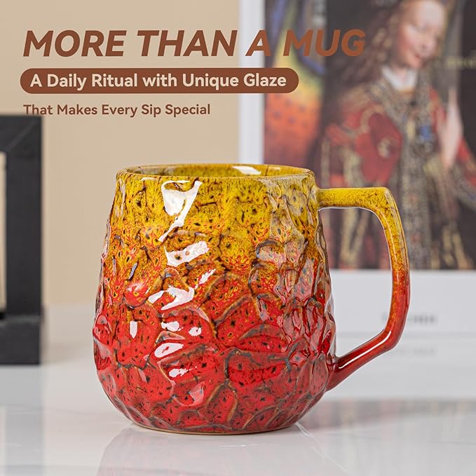 18oz Unique Yellow & Red Kiln-Change Ceramic Coffee Mug, Handcrafted Hammered Texture Ceramic Mug with Ergonomic Handle, Microwave & Dishwasher Safe, Gift for Coffee Lovers, Home Office Daily Use