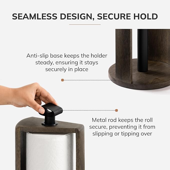 Anji Mountain Wooden Paper Towel Holder with Iron Holder, Holder Stand for Kitchen Roll Organizer & Kitchen Dining Table Home Décor, Countertop Fits Jumbo & Mega Rolls - Chocolate/Black, Top Load