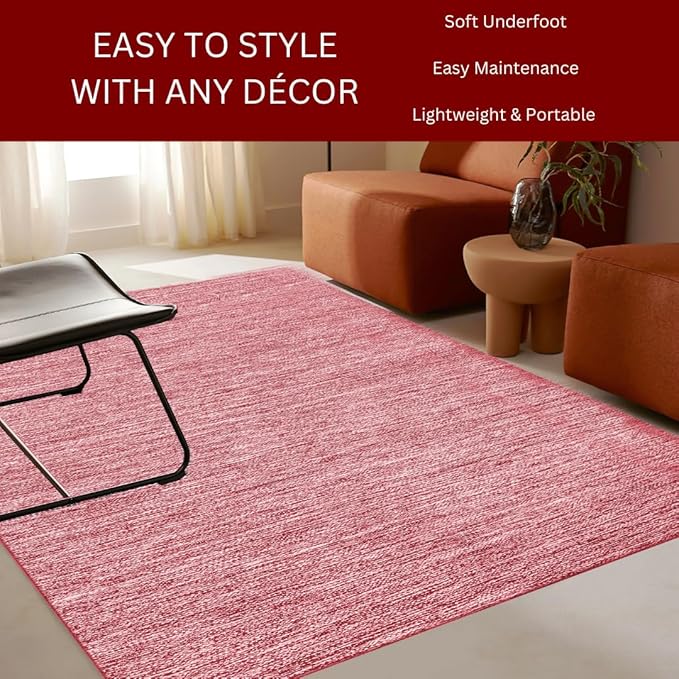 Hand Woven Area Rug 4x6 Feet - Rustic Farmhouse Bohemian Accent Rug for Living Room Bedroom Kitchen Entryway Floor Mats - Ideal for High Traffic Areas 100% Cotton Rag Rug Red