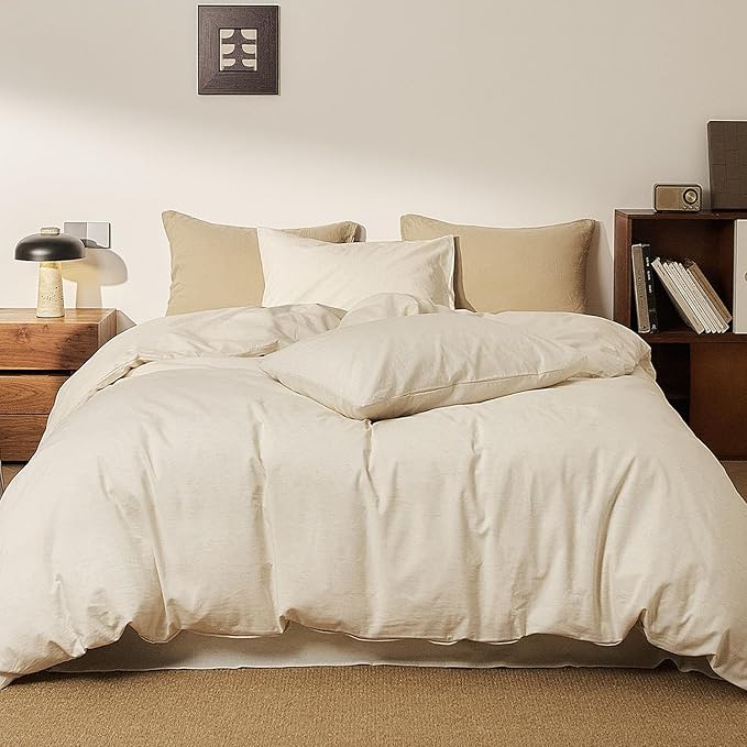 mixinni 3 Piece Washed Cotton Linen Blend Duvet Cover Set Queen Size, Soft Breathable Farmhouse Beige Neutral Solid Duvet Cover with Natural Linen Texture, 90x90 inches with 2 Pillowcases