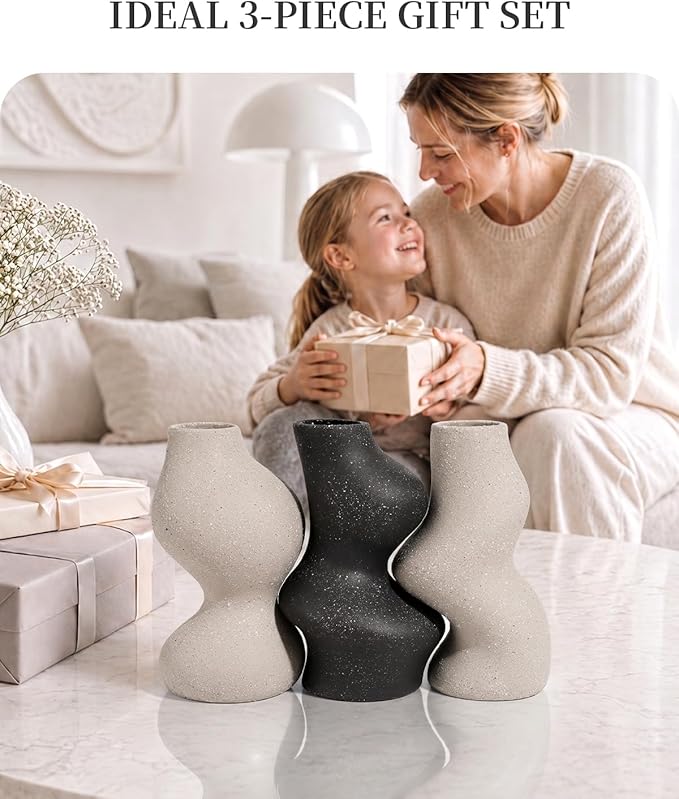 BosilunLife Decorative Vase Set of 3, Nested Curved Recycled Ceramic, Speckled Wabi-Sabi Home Decor, Modern Boho Centerpiece for Living Room Mantel & Office (Black & Grey)