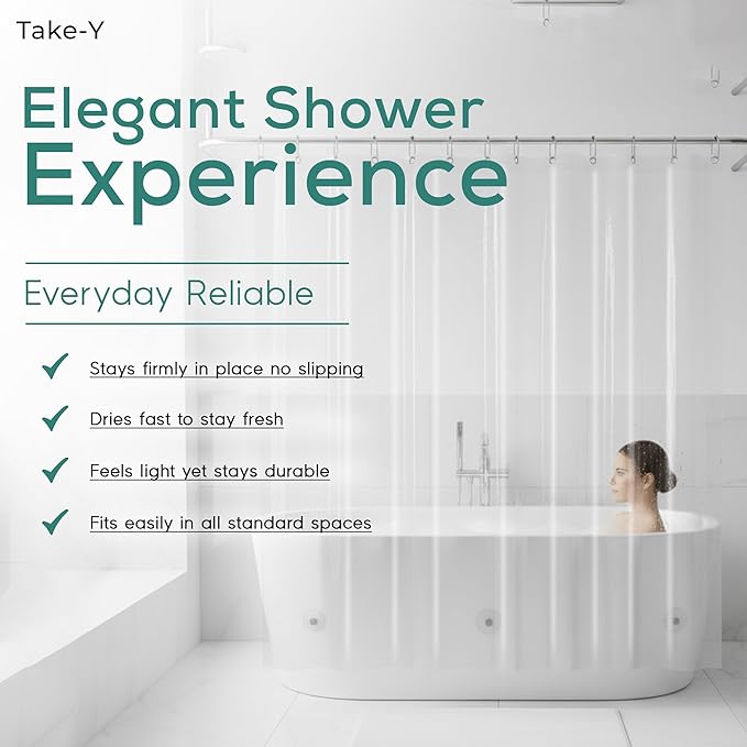 Clear Shower Curtain Liner, Premium PEVA, 72"x72", 100% Waterproof with Rustproof Grommets, Weighted, Quick Dry, Modern Style, 12 Hooks Included, Lightweight Standard Size,Odorless Plastic, Luxury