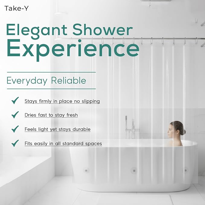 Clear Shower Curtain Liner, Premium PEVA, 72"x72", Waterproof with Rustproof Grommets, Weighted, Quick Dry, Modern Style, 12 Hooks Included, Lightweight Standard Size,Odorless Plastic