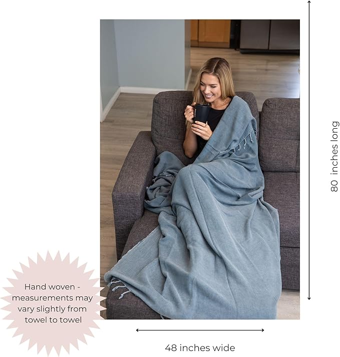 InfuseZen Stonewashed Turkish Throw Blanket - 100% Organic Turkish Cotton - 80" x 48" - Soft, Lightweight, Cozy - for Love Seat, Sofa, Picnic, Yoga - Sand Free Absorbent Beach Blanket - Denim