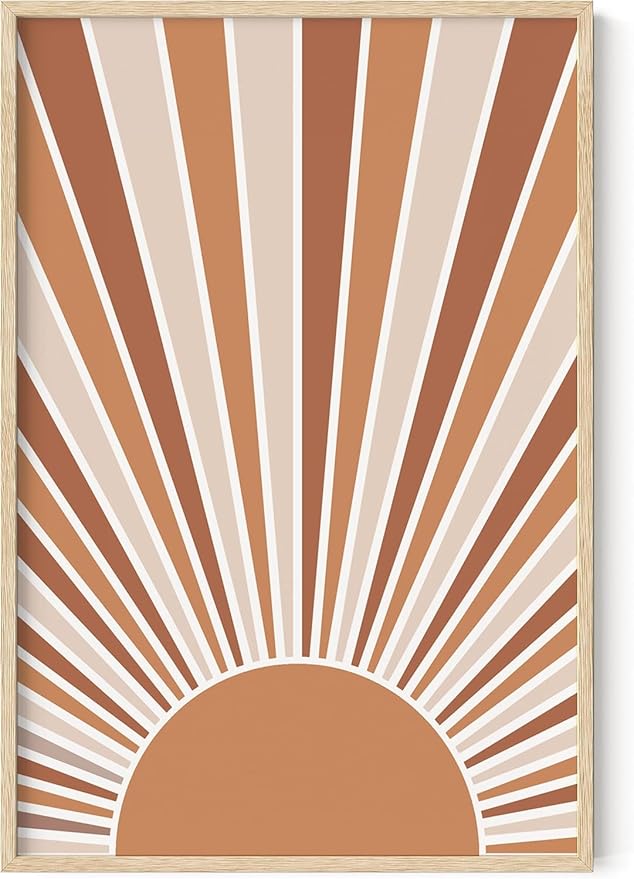 Boho Rising Sun Wall Art Sunburst Rays Earth Tones Terracotta Mid Century Modern 24x36 Inch Oak Wood Beige Framed Minimalist Landscape Sunshine Print for Nursery Decor