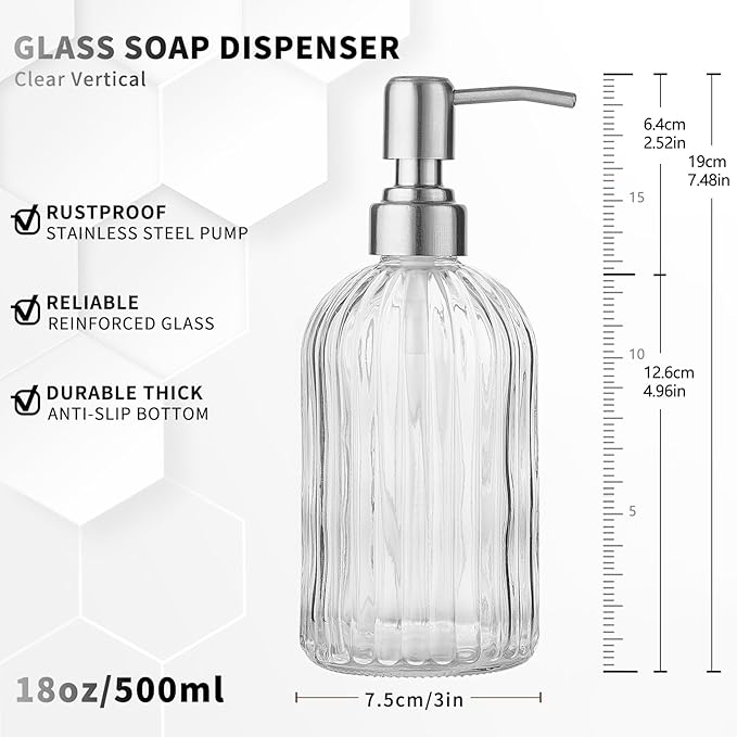 2 Pack Clear Glass Hand Soap Dispenser Set 18oz Bottle with Silver 304 Rustproof Stainless Steel Pump for Kitchen and Bathroom