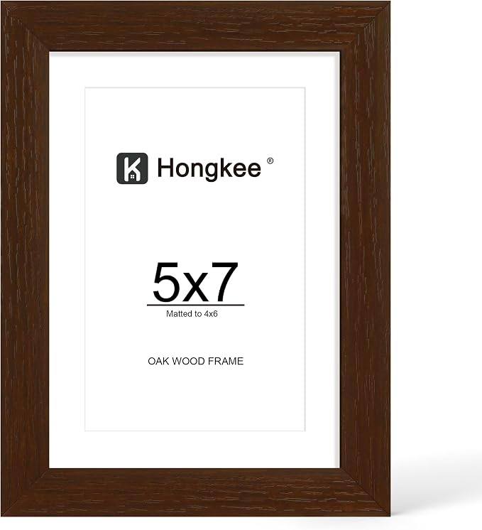 Hongkee 5x7 Oak Wood Picture Frame, Display Photos 4 x 6 with Mat or 5 x 7 without Mat - Tempered Glass Cover, Horizontal and Vertical Display for Wall or Tabletop (Walnut, Set of 1)