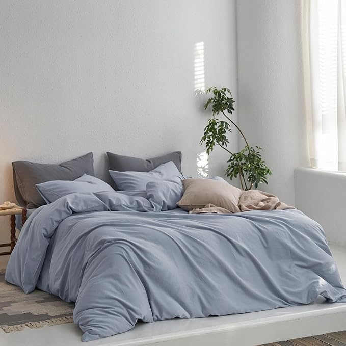 MooMee Full Duvet Cover Set, 100% Washed Cotton Linen Like Twill Thick Sturdy Material Super Soft Breathable Durable Bedding for All Season, 3 Pieces (Cornflower Blue, Full 80"x90")