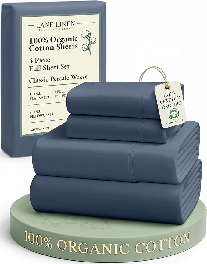 LANE LINEN Eco Friendly 100% Organic Cotton Fully Elasticized Full Sheet Set, Low Pilling Fade Resistant Machine Washable Naturally Cooling Full Bed Sheets, Soft & Comfy Cotton Bedding - Estate Blue