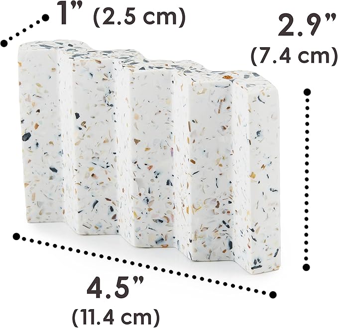 Tapeera Zig Zag Terrazzo Stone Soap Dish for Bathroom Sink - Concrete Soap Saver for Bar Soap Holder for Shower - Sponge Holder - Self Draining Soap Dish Holder - Kitchen Soap Tray (White)