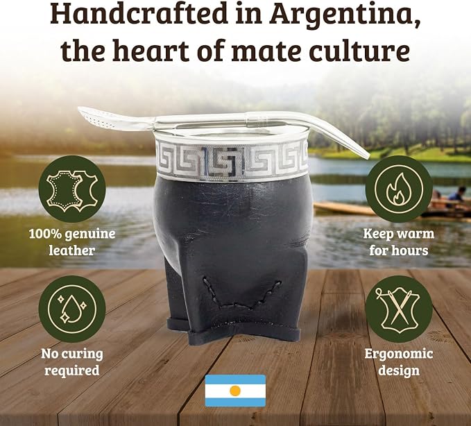 Mate Imperial – Yerba Mate Cup and Bombilla Set | Handmade Argentina Mate Gourd | Stainless Steel Mate Mug for Tea Lovers | Unique Cultural Gift (CUSCO, BLACK)