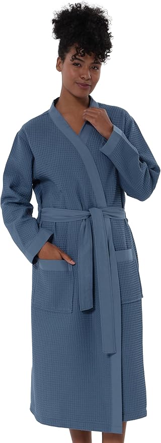 SEYANTE Women's Organic Cotton Waffle Kimono, Hooded Robe – GOTS Certified Lightweight Full-Length Spa Bathrobe with Piping
