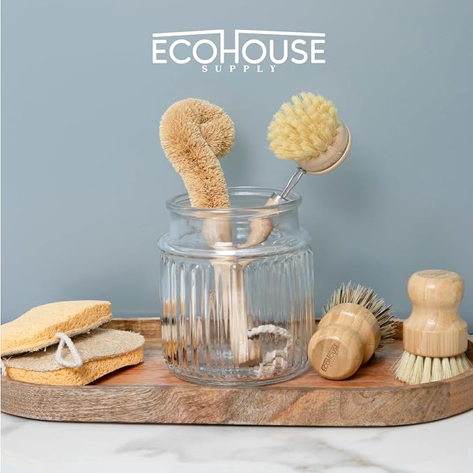 ECOHOUSE SUPPLY™ Bamboo Dish Brush Set – 6-Piece Natural Fiber Kitchen Brush Set with Loofah Sponges (No Bleach), Sisal & Palm Scrubbers – Non-Toxic, Eco-Friendly, Plastic-Free Dish Cleaning Brushes.