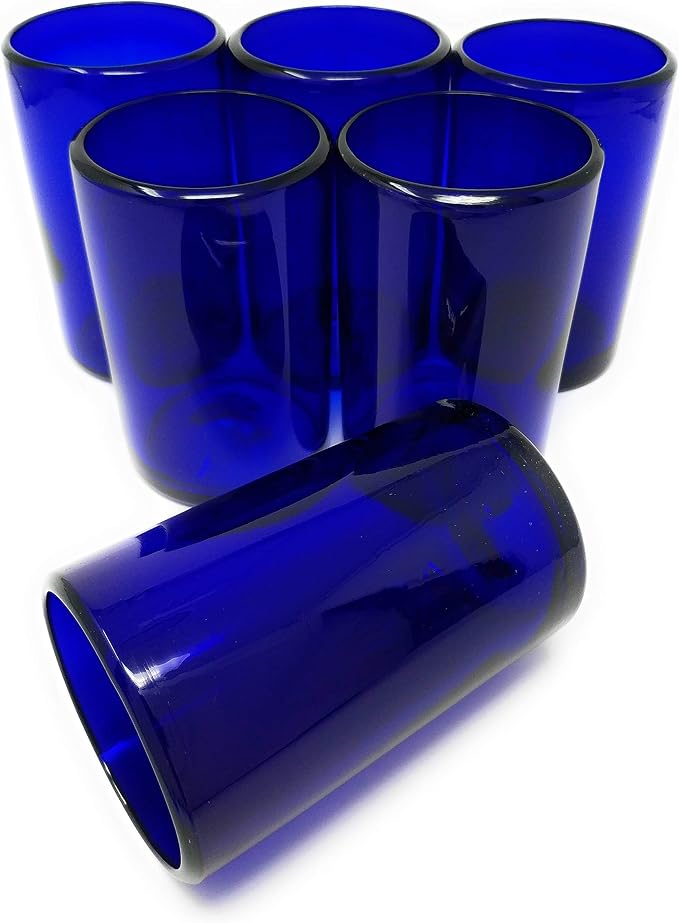 Hand Blown Mexican Drinking Glasses – Set of 6 Cobalt Water Glasses (14 oz each)