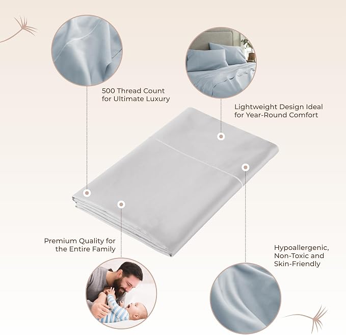 Certified Organic Queen Flat Sheet Only - 100% Organic Cotton Top Sheet with Luxurious Soft and Breathable 500 Thread Count Sateen Weave Finish - GOTS & Fairtrade Certified (Powder Blue, Queen)