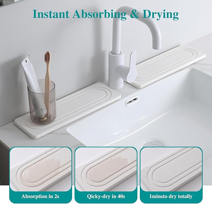 2PCS Water Absorbing Stone Tray for Sink, Quick Drying Diatomite Bathroom Tray Countertop, Stone Drying Mat for Kitchen Counter Faucet, Soap Dish Dispenser Vanity Organizer, White-11.8" x 4"