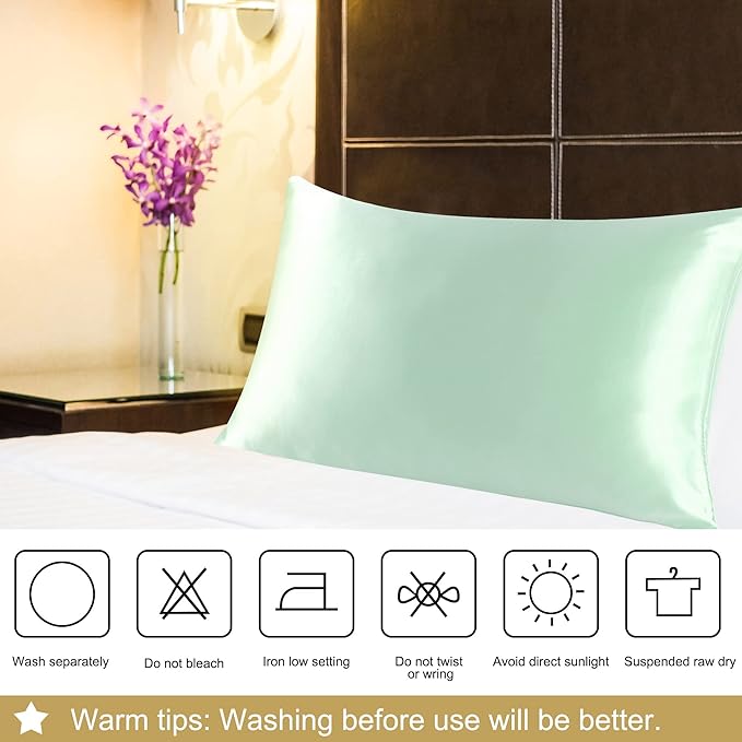 uxcell 1 Pack 100% Charmeuse Pure Silk Pillowcase for Hair and Skin, 350TC 19 Momme Soft Breathable Pillow Case with Hidden Zipper, Light Green Standard(20x26inch)