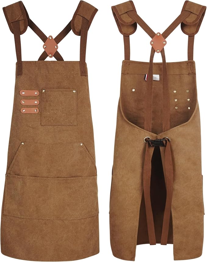 conda Chef Apron, 1 Pack, Cross Back Straps Apron with Pockets for Men Women, Cotton Canvas Adjustable Work Apron for Cooking Pottery Baking Serving