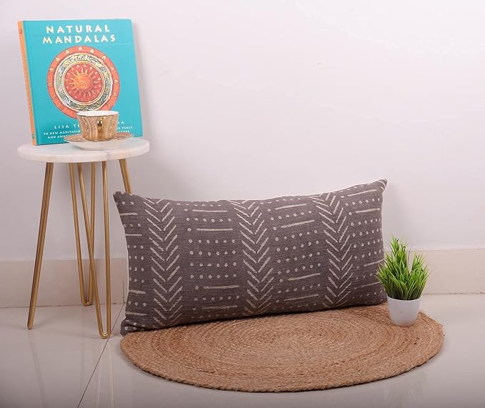 Trade Star Lumbar Pillow Shams Mudcloth Body Pillow Cases 100% Cotton Pillow Cover Boho Authentic Handloomed Tribal Farmhouse Home Décor (Grey Snow 12X24 INCHES)