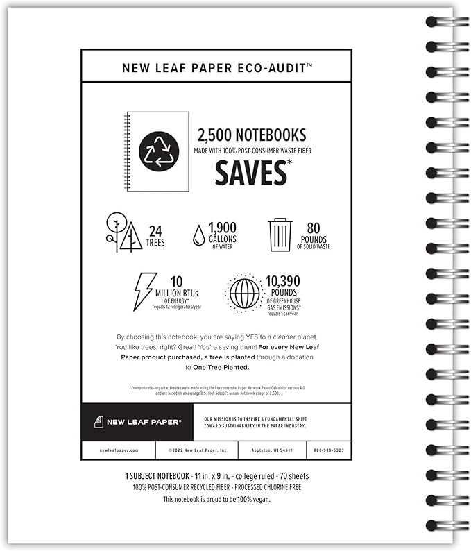 Large Spiral Bound Recycled Notebook, Bees Design, 11" x 9", 70 Sheets, Double-Wire, College Ruled, Vegan, Made in USA