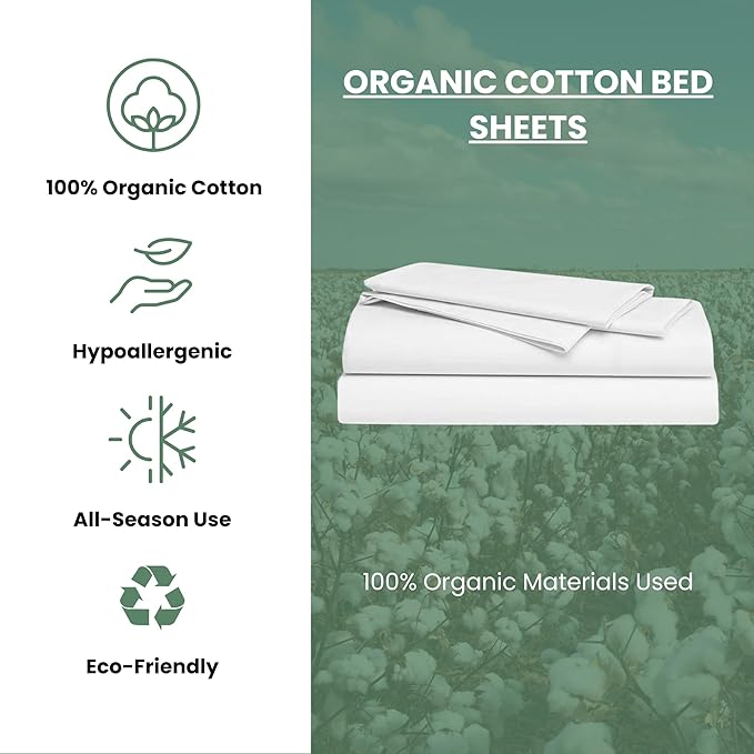 ORGANIC TEXTILES Organic Cotton Bed Sheets Set for Bedroom (Queen Size, White) 350 Thread Count, GOTS Certified, Breathable and Comfortable, Luxurious Soft Feel, All Season Use, Machine Washable
