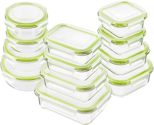 Bayco Glass Food Storage Containers with Lids, [24 Piece] Glass Meal Prep Containers, Airtight Bento Boxes, Leak Proof (12 lids & 12 Containers) - Green