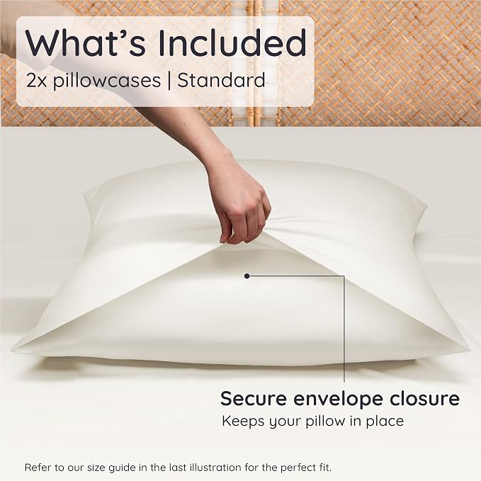 Bambaw 100% Viscose Derived from Bamboo Pillowcase Standard Size – Set of 2 Cooling Pillow Cases for Hot Sleepers with Envelope Closure, Breathable, Soft & Anti Acne Pillow Case Standard Size (Ivory)