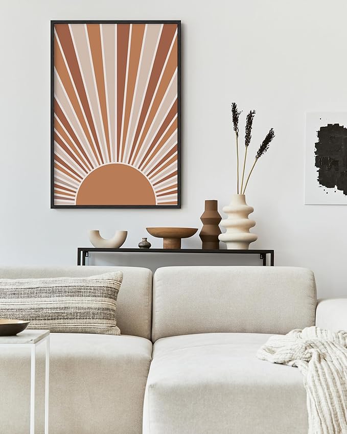 Boho Rising Sun Wall Art Sunburst Rays Earth Tones Terracotta Mid Century Modern 24x36 Inch Oak Wood Black Framed Minimalist Landscape Sunshine Print for Nursery Decor