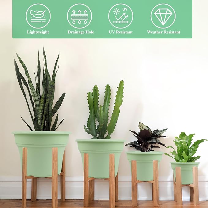 Pottiffe 10 Inch Plastic-Flower-Pot-for-Indoor-Plants, 4 Pack Large Outdoor Planter Pot with Drainage Holes & Saucers, Resin Decorative Garden Pots Planters