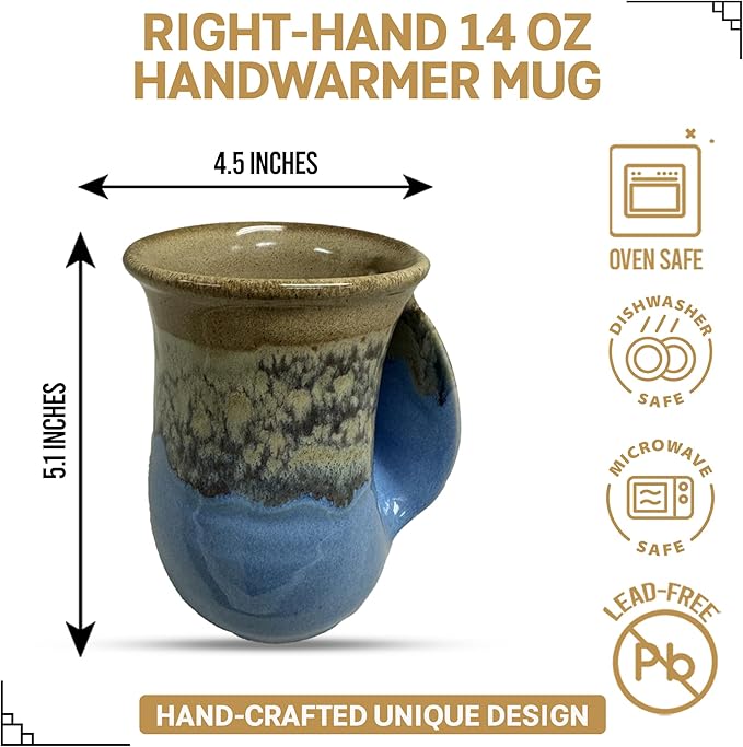 Clay in Motion Hand Warmer Coffee Mug – Handmade Coffee Mug With Comfortable Handle Contoured Pocket Hand Warming Ceramic Coffee Mug – Proudly Made in USA – Right Handed – 14 Oz - Sandy Beach