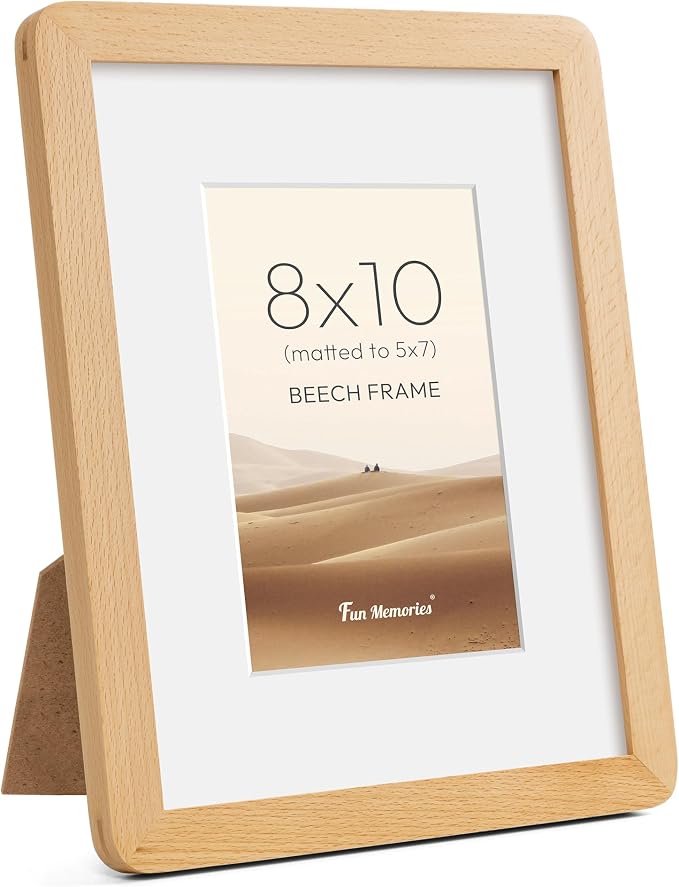 Fun Memories 8x10 Picture Frame - Solid Beech Wood Frame with Real Glass, 8x10 Photo Frame Matted to 5x7 for Wall & Tabletop Display, Natural Beech