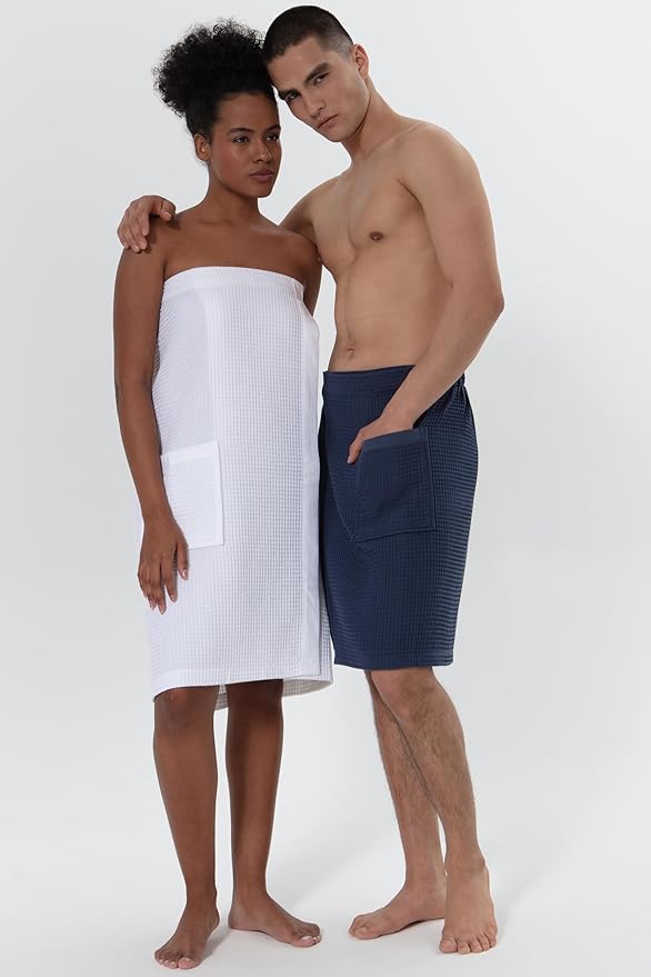 SEYANTE Men's Organic Waffle Spa Wrap – GOTS Certified 100% Turkish Cotton, Adjustable Closure, Same-Color Piping