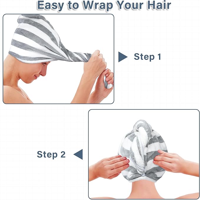 Microfiber Hair Towel Wrap, Soft Lightweight Hair Turben Towel, Super Absorbent Quick Dry Hair Turban with Button, Larger Microfiber Hair Towels for Women Curly Long Hair