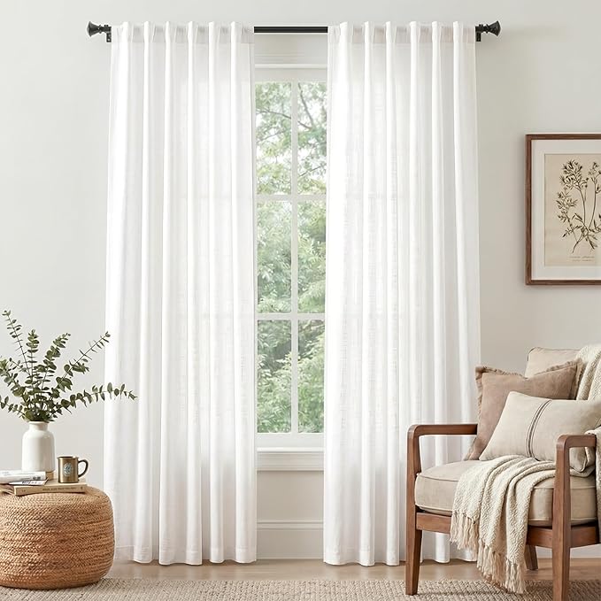 jinchan Linen Blend Curtains 84 inch Length 2 Panels for Bedroom Living Room, Light Filtering 50 inch Wide Farmhouse Drapes with Rod Pocket Back Tab(50W x 84L, Off White)